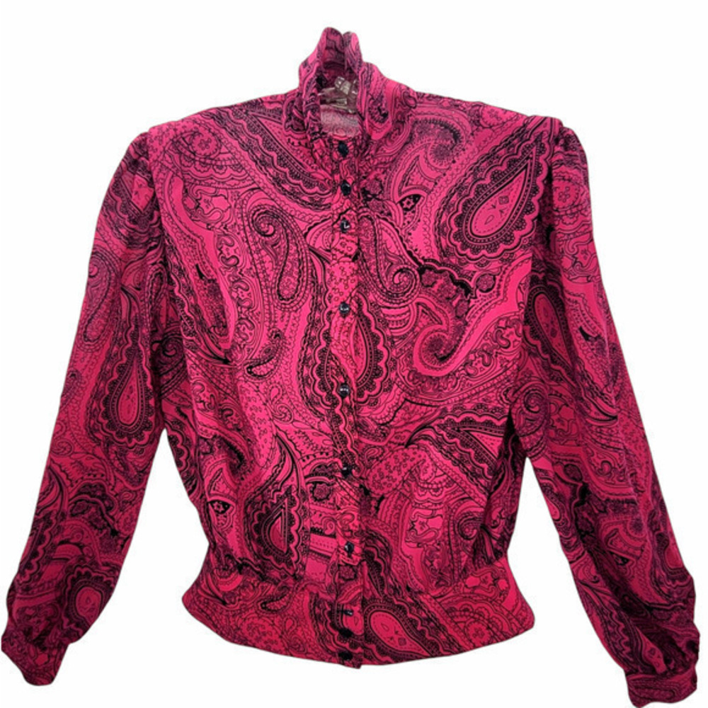 Lloyd Williams Paisley Sheer Reversible High Neck Long‎ Sleeve Vintage Blouse